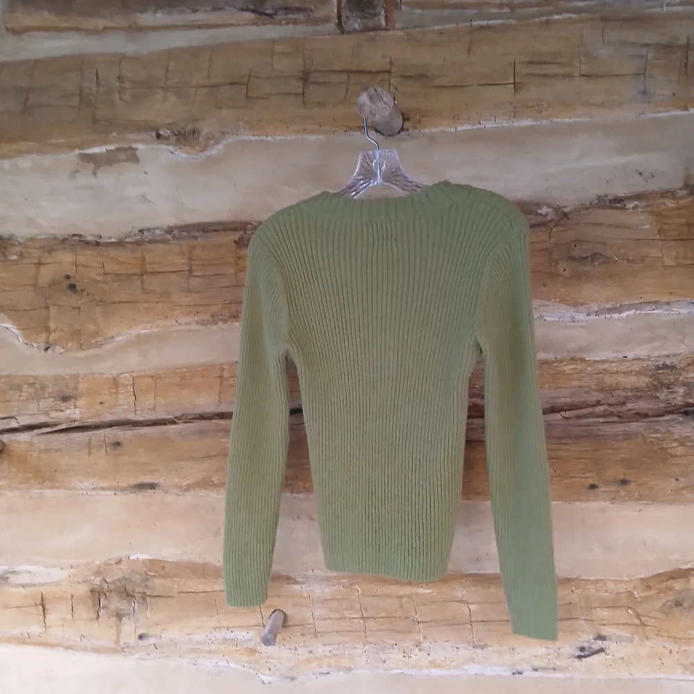Inca Fashions Olive Ribbed Laced V Neck Baby Alpaca Sweater Small